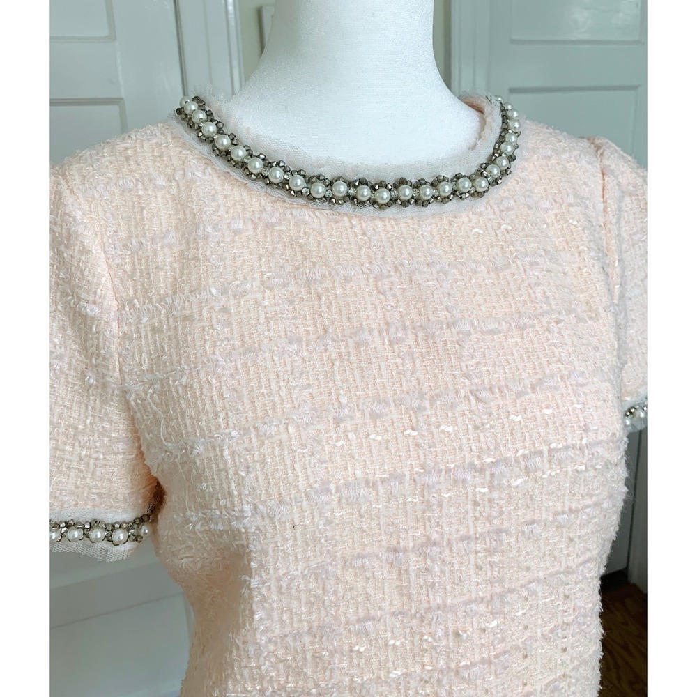 Vintage Betsey Johnson Pink Bouclé Tweed Shift 4 Pearl Rhinestone Mini Dress - Picture 7 of 16